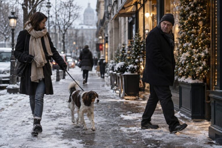 Un chien en laisse sur un trottoir parisien enneigé durant l'hiver, avec des décorações de Noël floues en arrière-plan et un piéton de passage montrant une expression agacée