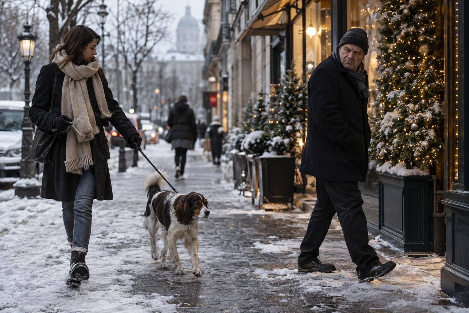 Un chien en laisse sur un trottoir parisien enneigé durant l'hiver, avec des décorações de Noël floues en arrière-plan et un piéton de passage montrant une expression agacée