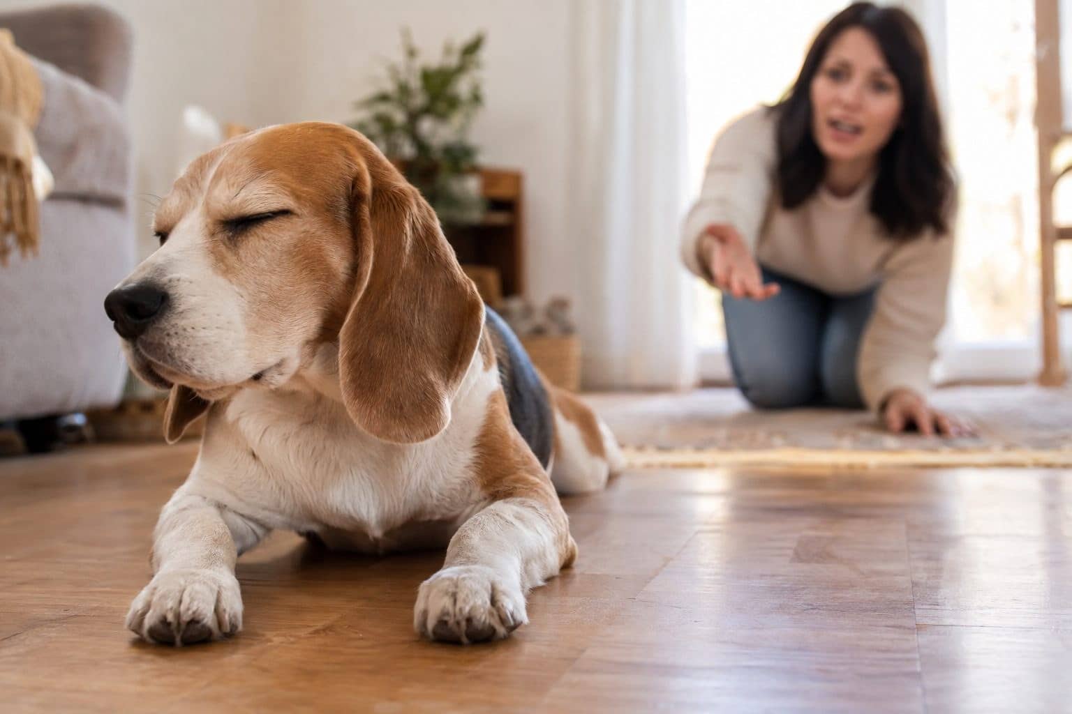 Un chien de race moyenne aux oreilles tombantes, allongé sur le sol en intérieur, détournant la tête et fermant les yeux face à son propriétaire qui l'appelle, illustrant l'apparence trompeuse de l'entêtement canin