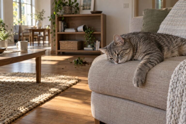 Chat gris allongé sur un canapé beige, regardant vers le bas avec une expression ennuyée, objet renversé visible en arrière-plan sur une étagère en bois