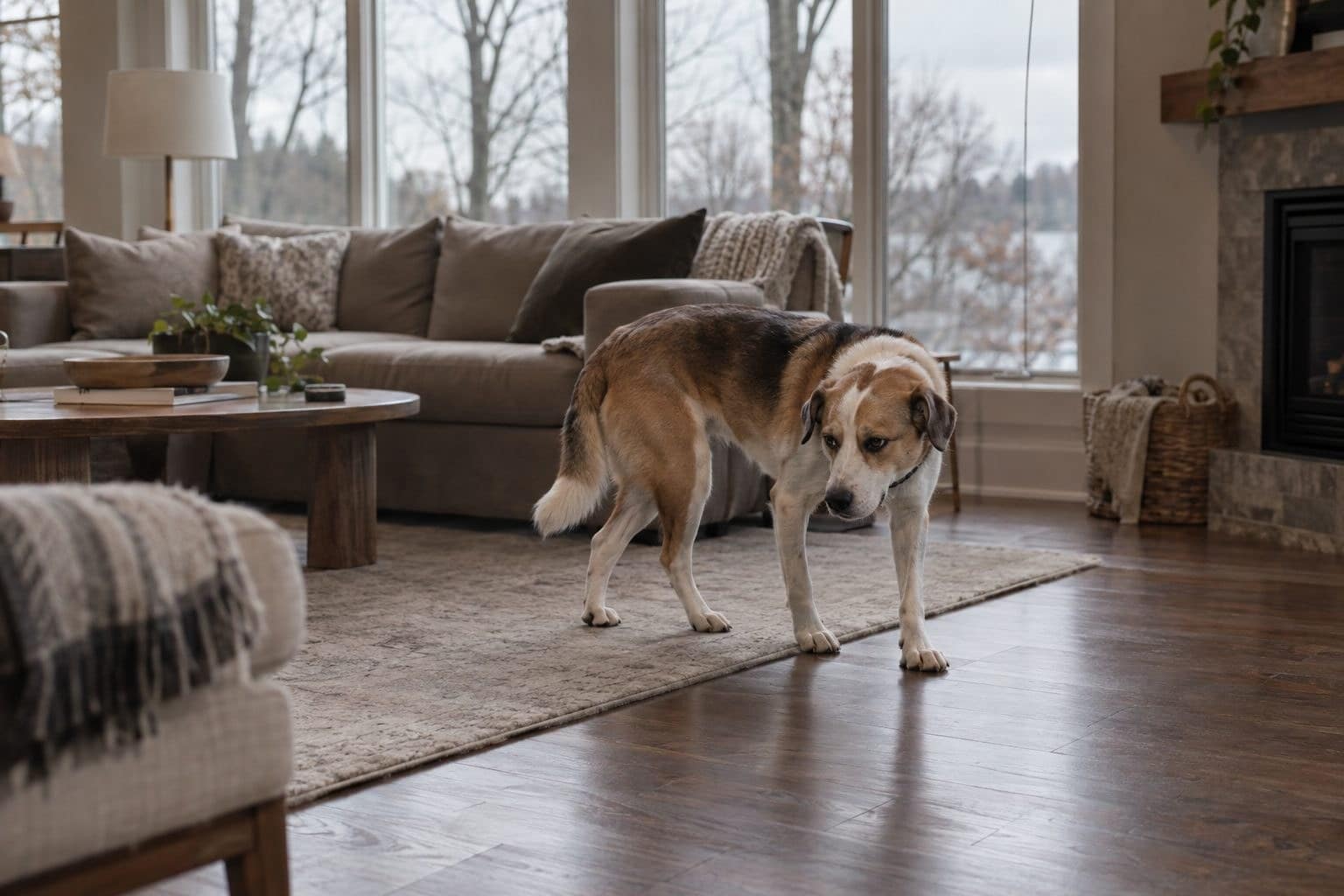 Un chien de race moyenne, seul dans un salon, tournant en rond avec une expression désintéressée par un jour gris de novembre