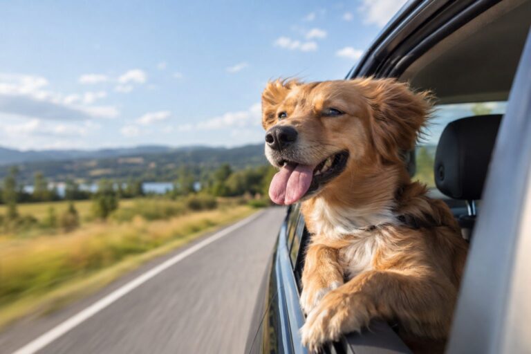 Un chien heureux avec la tête à la fenêtre d'une voiture en mouvement, regardant dehors