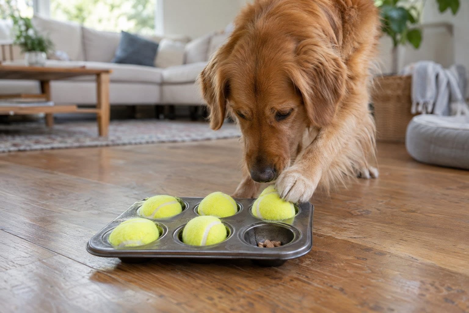 Un chien jouant avec un jouet DIY fait maison : moule à muffins avec balles de tennis enfoncées dans les alvéoles et friandises cachées
