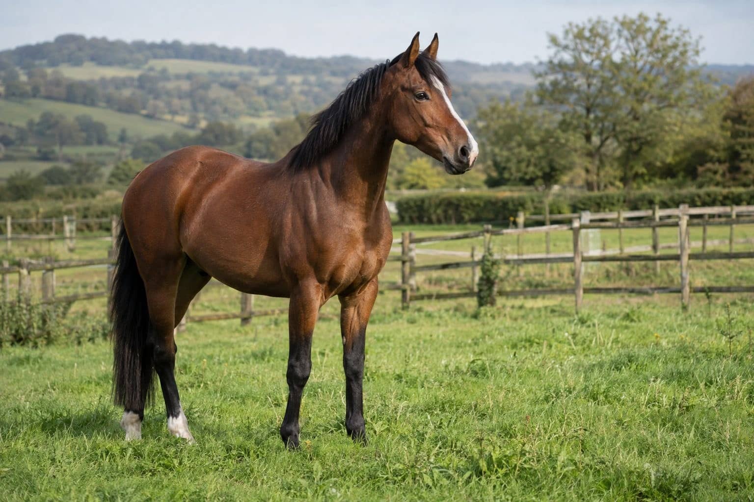 Un cheval seul dans un paddock herbeux pendant le jour, regardant vers l'horizon
