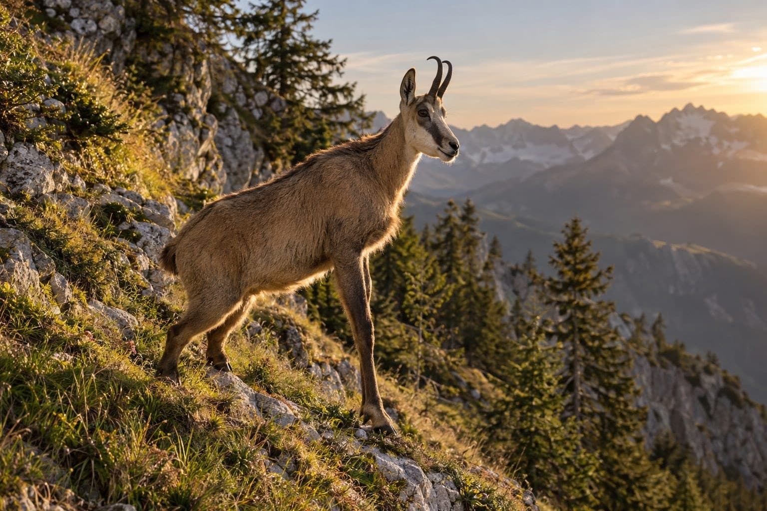 Un dahu en équilibre sur un versant montagneux escarpé, montrant ses pattes inégales