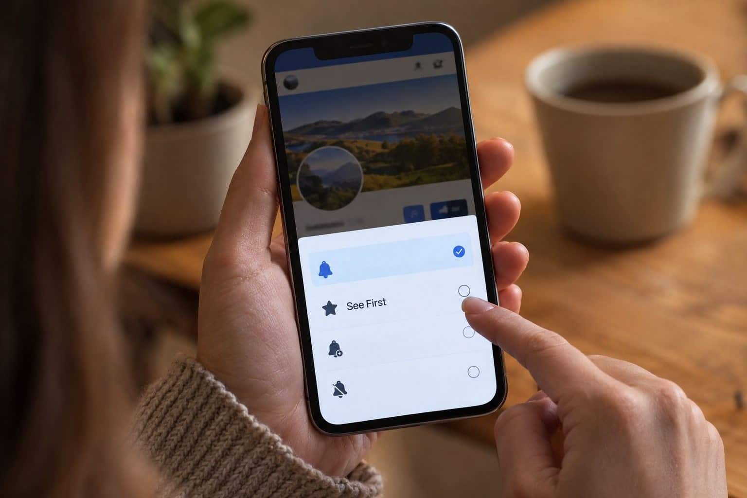Menu déroulant Facebook avec l'option 'Voir en premier' en évidence