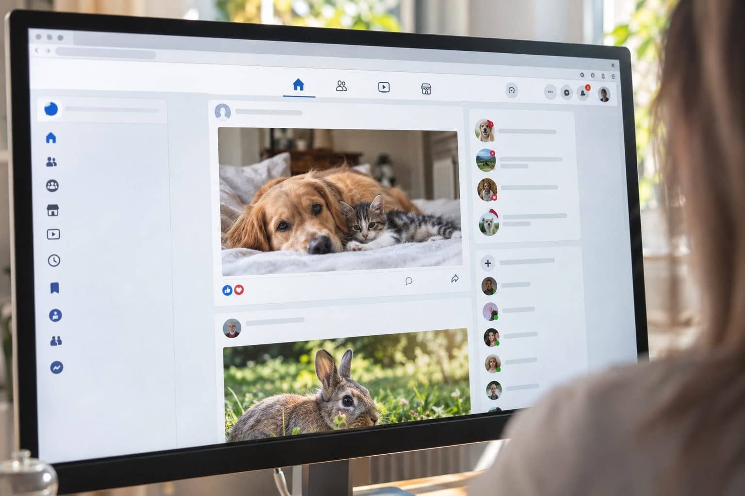 Interface Facebook affichant une page de groupe ou de publication avec le fil d'actualité visible