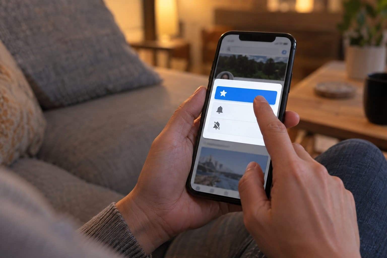 Menu déroulant Facebook affichant l'option 'Voir en premier' sélectionnée