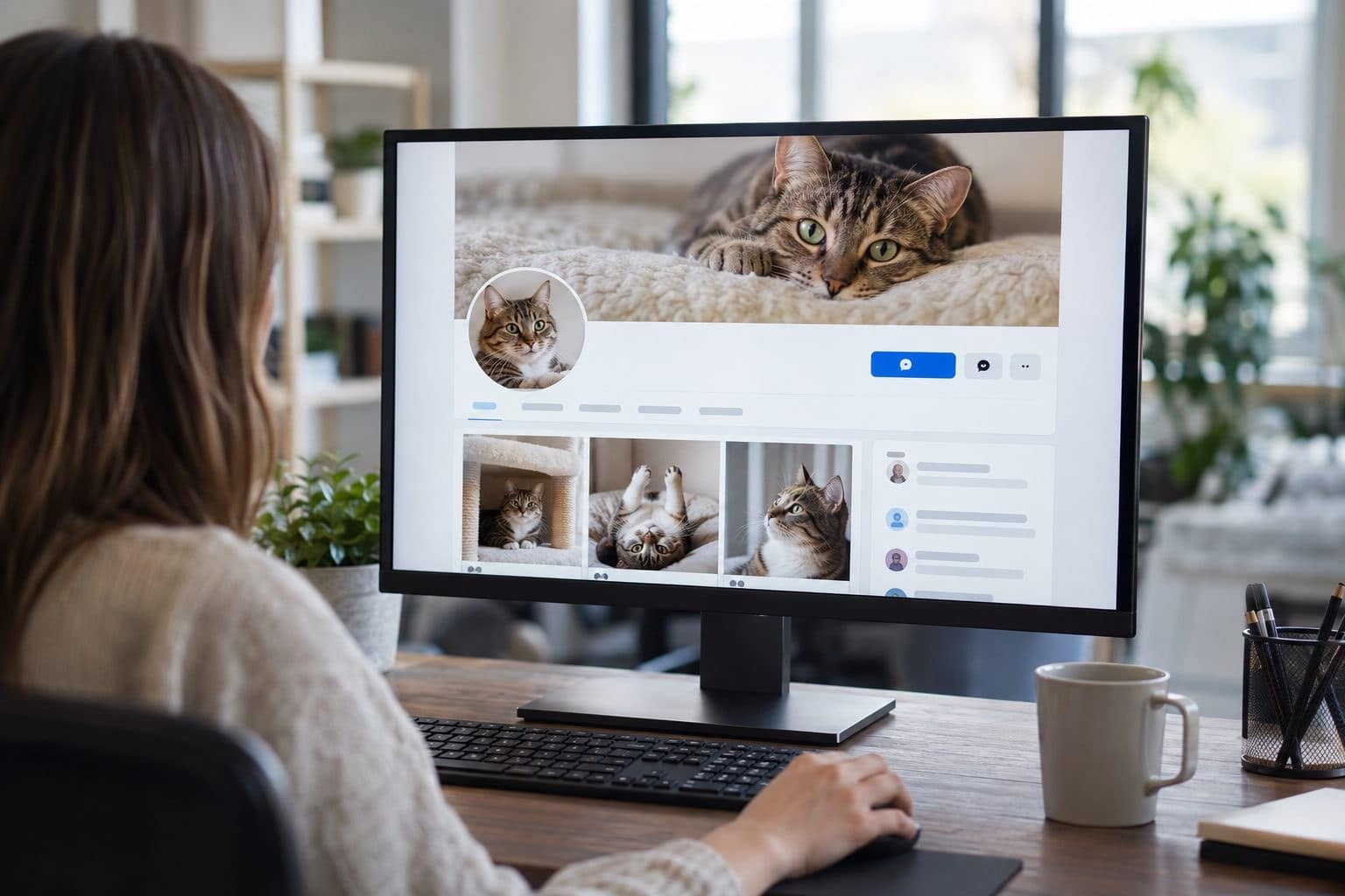 Interface Facebook affichant la page 'J'aime les chats' sur un écran d'ordinateur