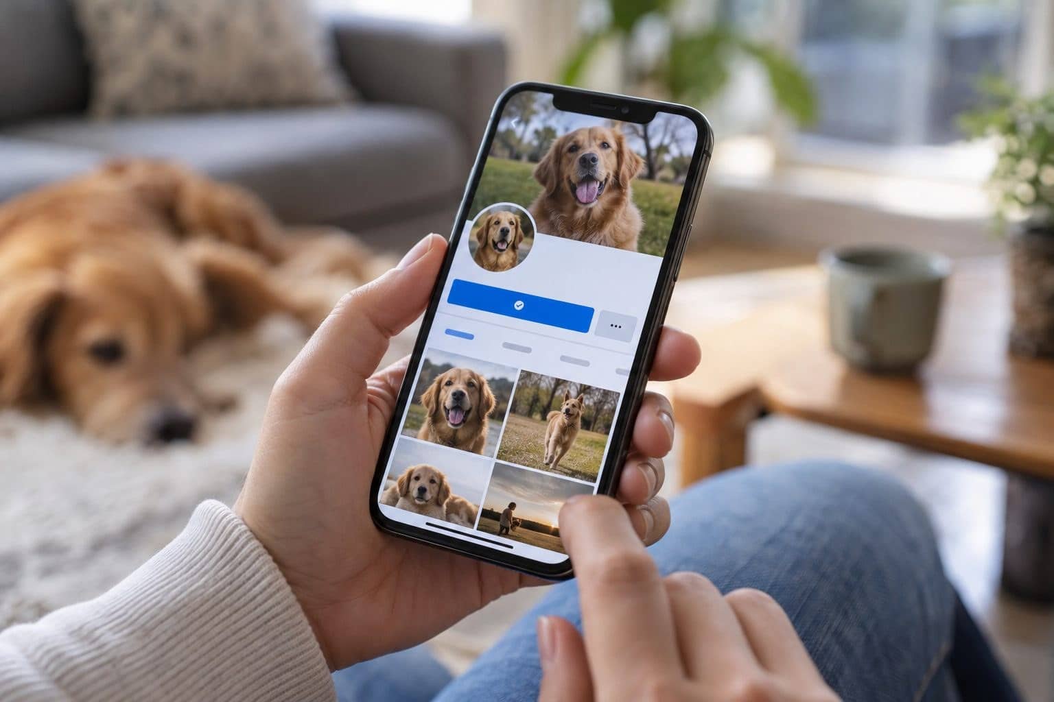 Interface Facebook affichant la page 'J'aime les chiens' avec le bouton 'Déjà abonné(e)' visible