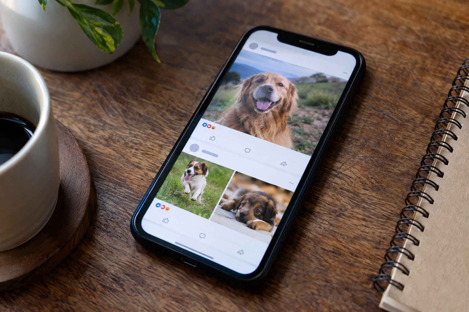 Feed Facebook avec plusieurs publications de la page 'J'aime les chiens' affichées en premier plan