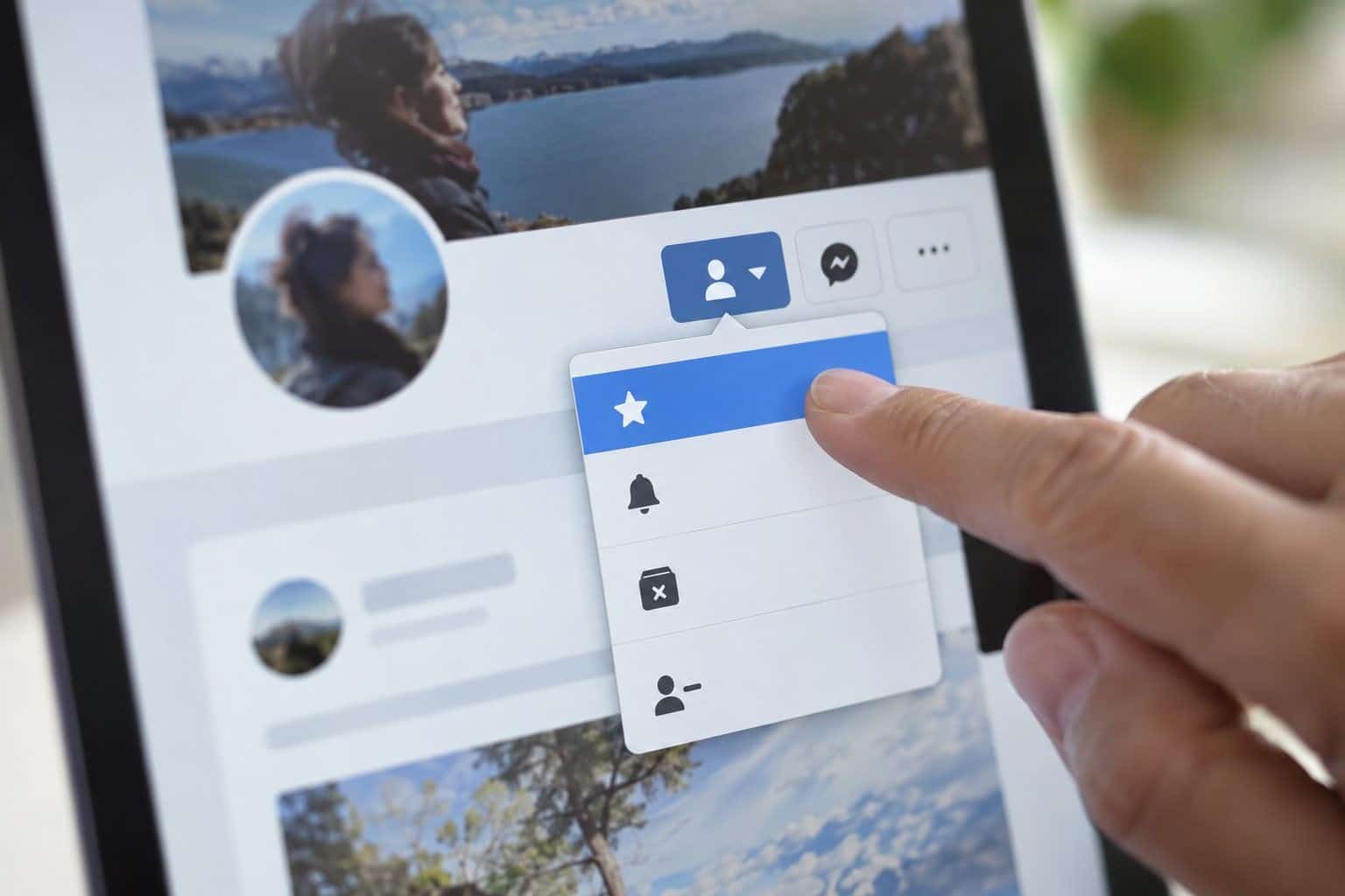Menu déroulant Facebook avec l'option 'Voir en premier' mise en évidence