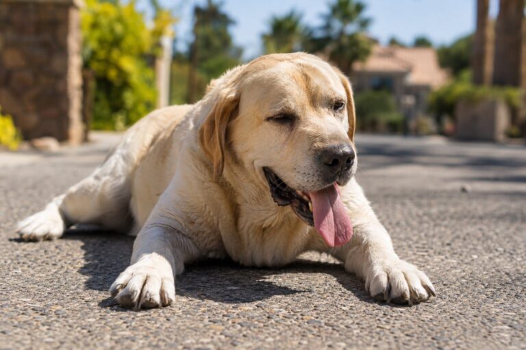 Un chien labrador en détresse montrant des signes de coup de chaleur sous le soleil estival intense
