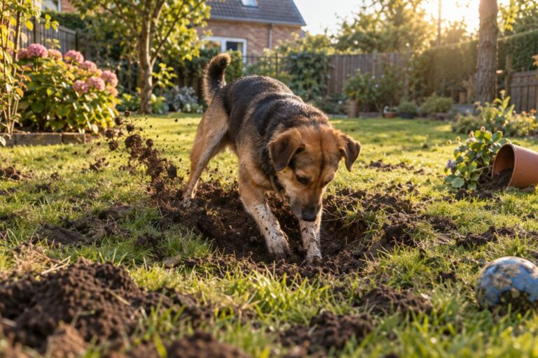 Un chien creusant dans un jardin avec enthousiasme, créant des trous dans le gazon et la terre