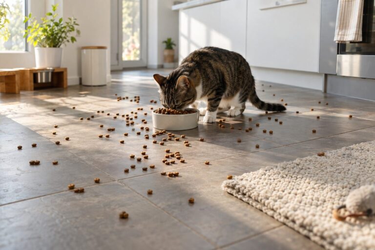 Croquettes éparpillées sur le carrelage d'une cuisine autour d'une gamelle, avec un chat ou un chien en train de manger