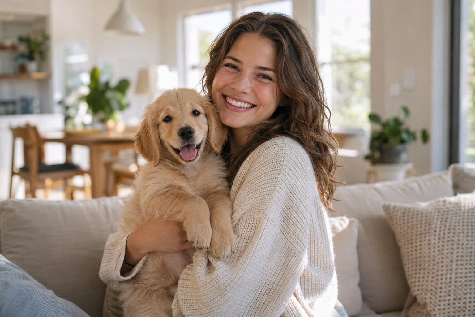 Un jeune propriétaire tenant son animal de compagnie (chiot ou chaton) dans ses bras, souriant, dans un intérieur lumineux et accueillant