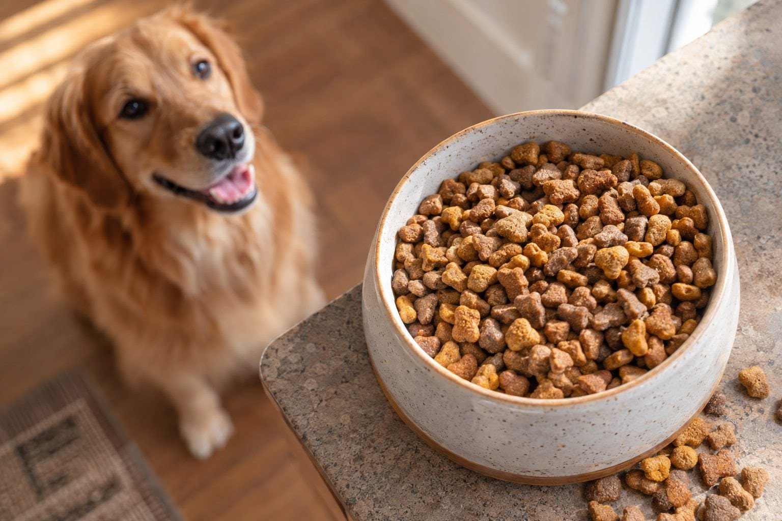 Gros plan de croquettes premium colorées dans un bol en céramique, avec un chat ou chien en arrière-plan flou mangeant