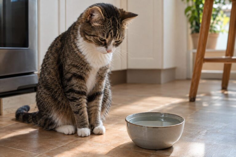 Un chat assis près de sa gamelle d'eau, observant l'eau avec méfiance ou désintérêt