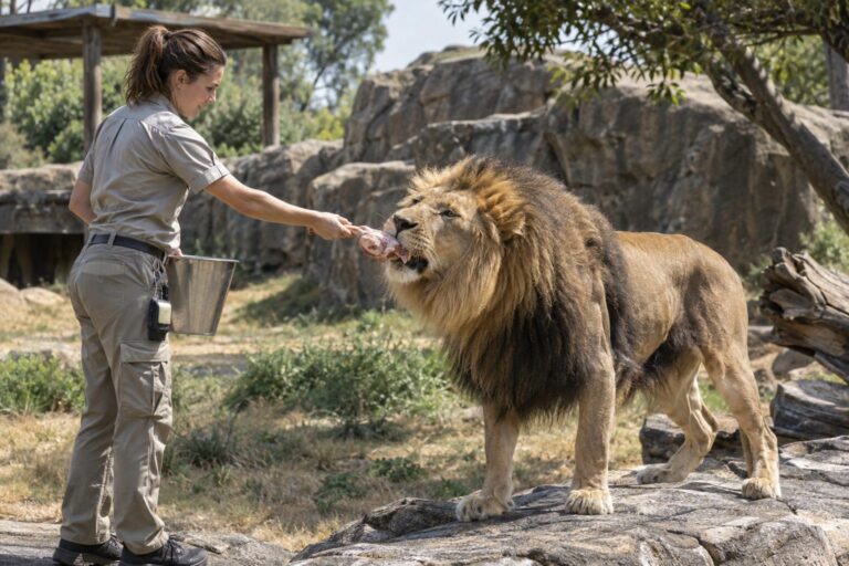 Soigneur animalier au travail nourrissant un grand félin en enclos zoologique