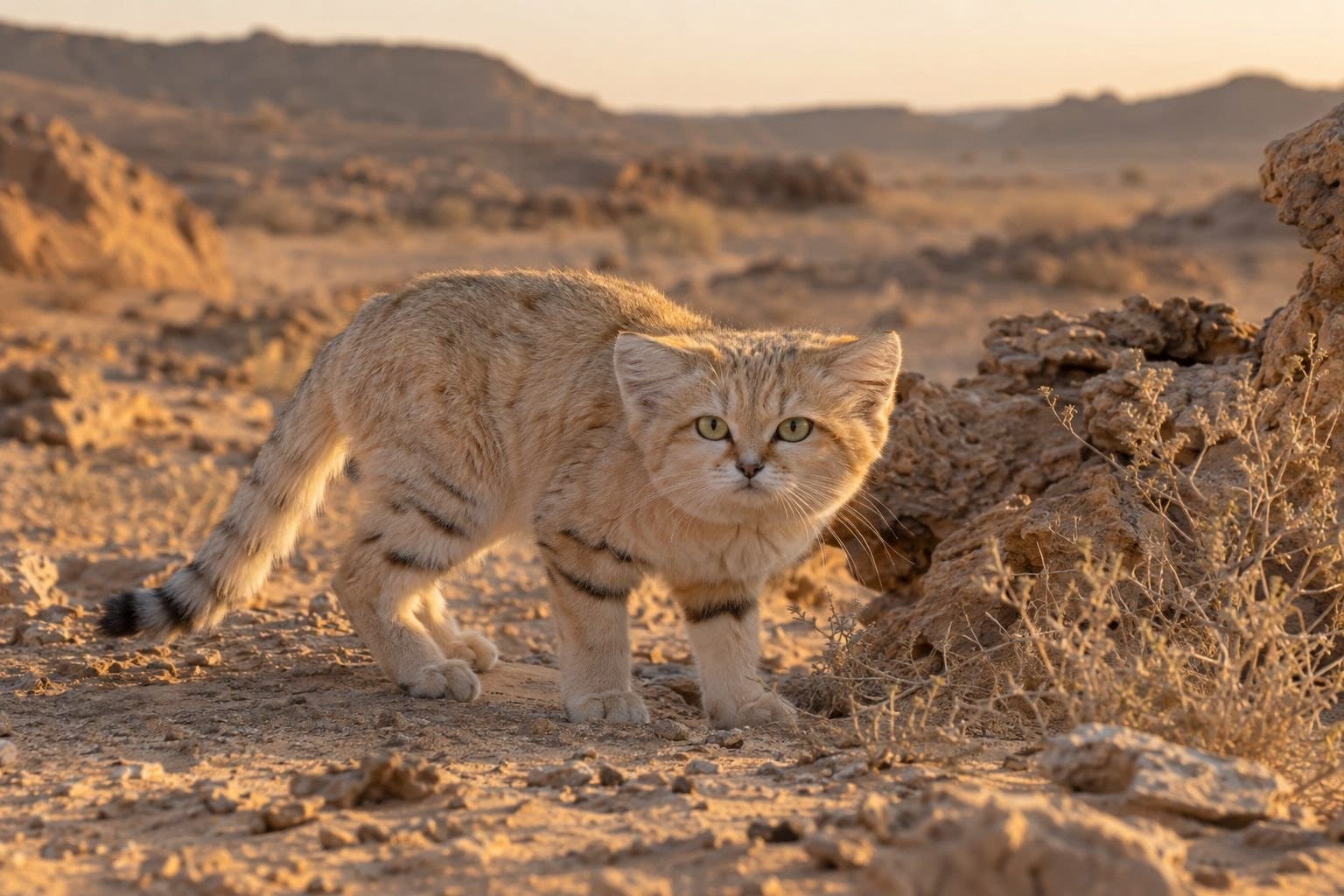 Chat des sables adulte dans son habitat désertique naturel