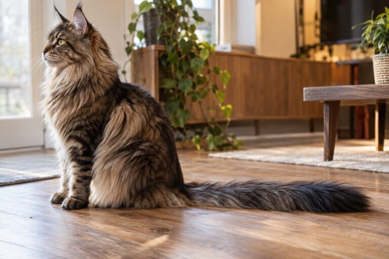 Cygnus, un Maine Coon avec une queue exceptionnellement longue de 46 cm, assis de profil montrant sa queue impressionnante