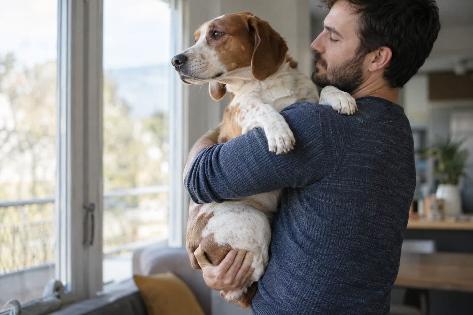 Un homme tenant un chien de taille moyenne avec les deux bras enroulés autour de sa poitrine, plaqué contre lui