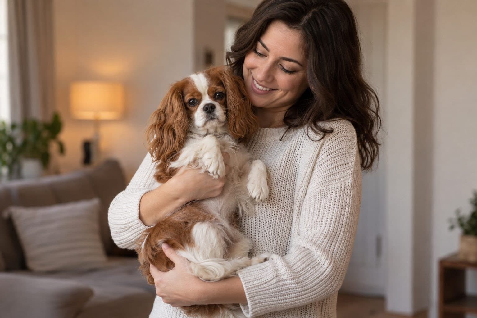 Une femme tenant un petit chien contre sa poitrine en utilisant la bonne technique : un bras sous la poitrine entre les pattes avant, l'autre soutenant les fesses