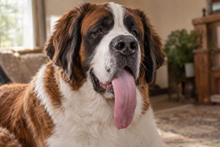 Mochi, chienne Saint-Bernard avec sa très longue langue sortie, gros plan du visage