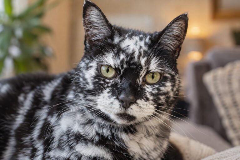 Portrait de Scrappy, chat au pelage marbré noir et blanc due au vitiligo, gros plan du visage montrant la dépigmentation caractéristique