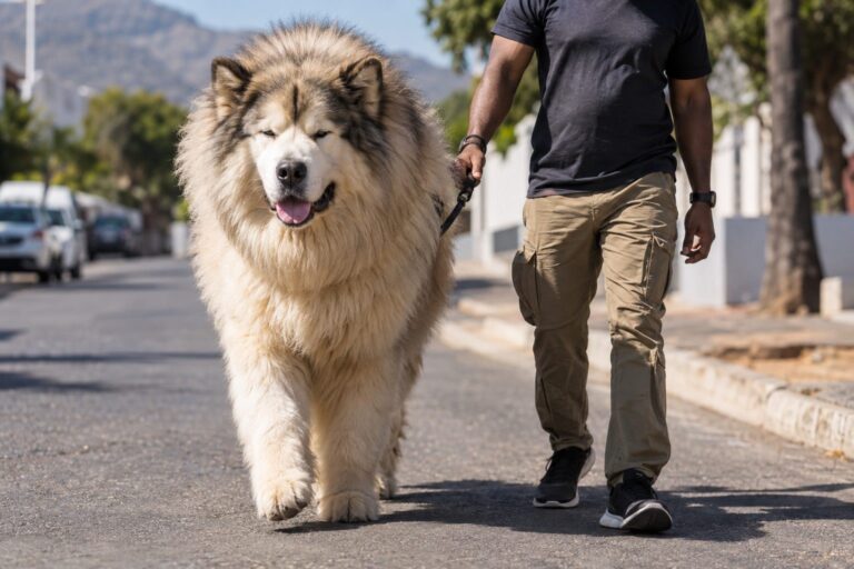Un énorme Malamute de l'Alaska (Tydus) marchant aux côtés de son maître dans une rue d'Afrique du Sud, montrant sa taille impressionnante et sa ressemblance avec un lion