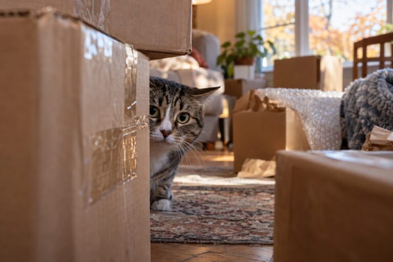 Un chat gris stressé caché dans une pile de cartons de déménagement avec du ruban adhésif visible autour
