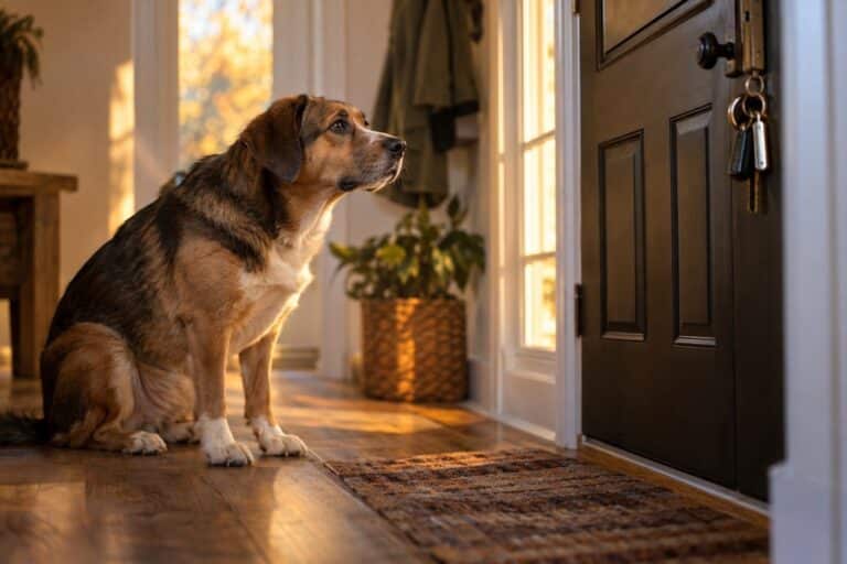 Un chien triste regardant par la porte d'entrée fermée après le départ de son maître, en automne