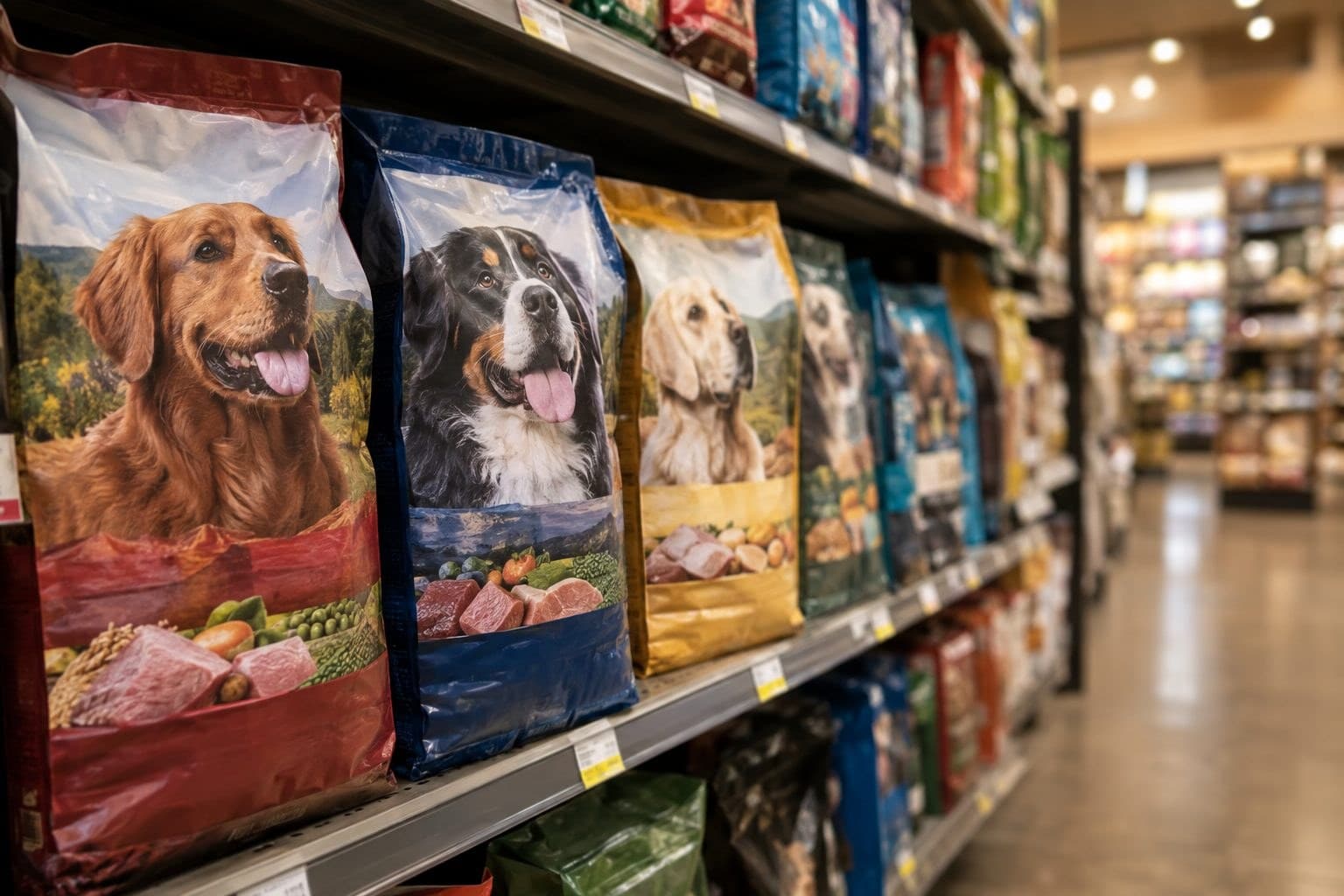 Rayon animalerie avec plusieurs sacs de croquettes pour chien de différentes marques et prix affichés