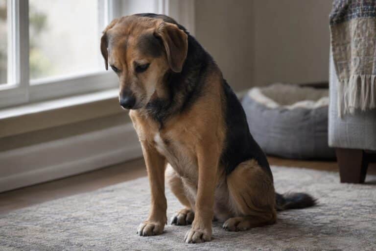 Un chien de taille moyenne assis seul dans un intérieur, la tête baissée, le regard éteint, exprimant la mélancolie et l'apathie