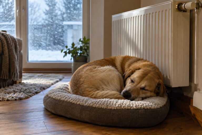 Un chien endormi roulé en boule près d'un radiateur blanc, par une journée hivernale froide visible par la fenêtre avec du vent et du givre