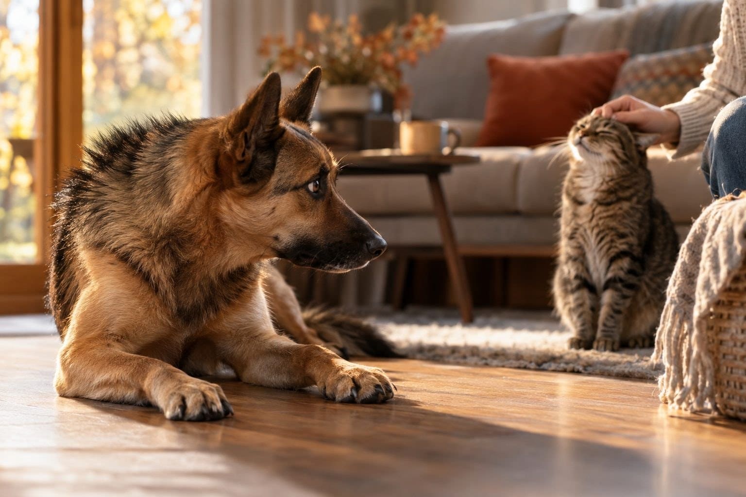 Un chien allongé aux pieds d'une personne qui caresse un chat, montrant le changement d'attitude du chien avec les oreilles dressées et une expression jalouse
