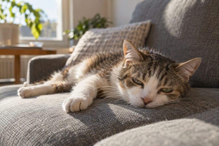 Un chat domestique allongé et apathique sur un canapé gris, montrant des signes de fatigue et de déshydratation, dans un salon lumineux