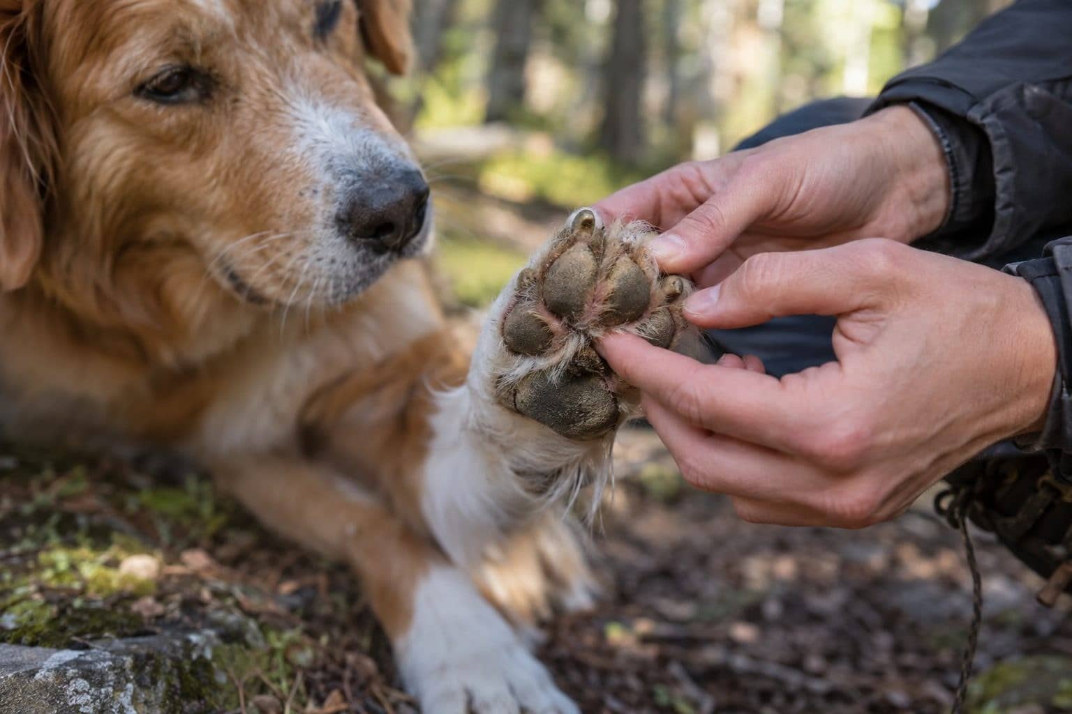 Gros plan des pattes et coussinets d'un chien (Canis familiaris) lors d'une promenade en forêt, montrant l'inspection attentive des griffes et de l'état des coussinets plantaires