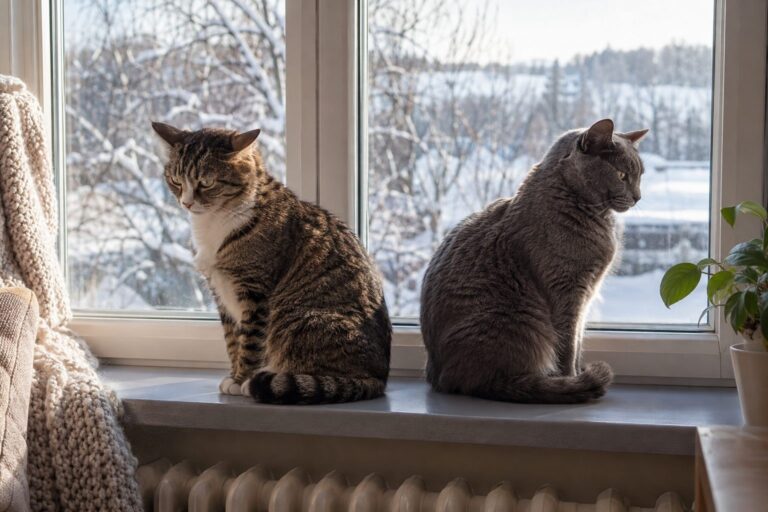 Deux chats aux tempéraments opposés assis côte à côte près d'une fenêtre hivernale, l'un ignorant l'autre avec tension palpable