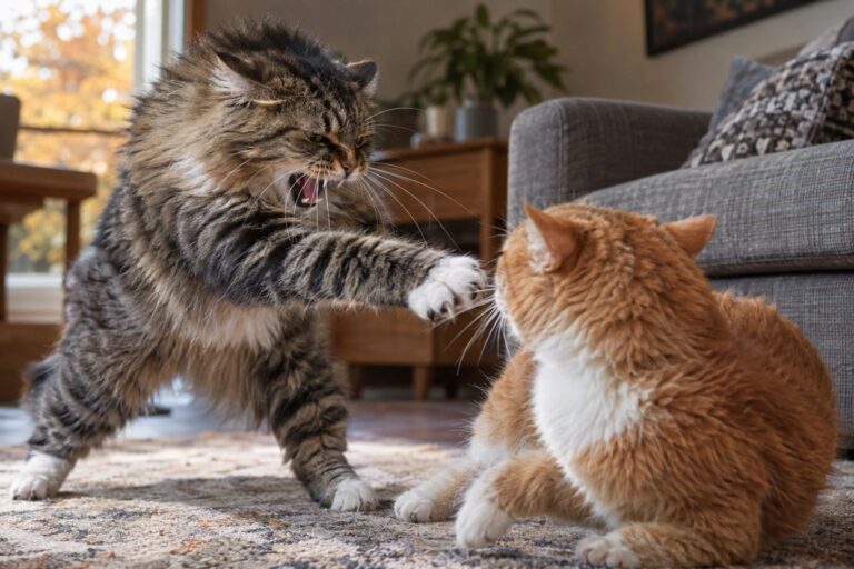Deux chats domestiques en conflit dans un salon : l'un attaquant l'autre avec griffes sorties, tension et agressivité visibles