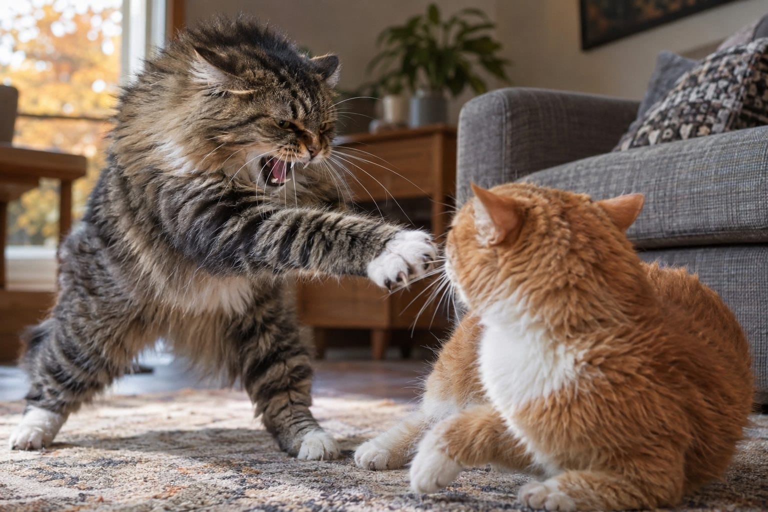 Deux chats domestiques en conflit dans un salon : l'un attaquant l'autre avec griffes sorties, tension et agressivité visibles
