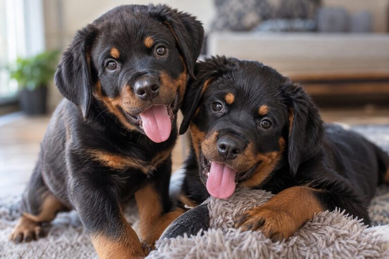 Deux chiots Rottweiler (Canis lupus familiaris) jouant ensemble avec la langue rose vif sortie, vue rapprochée du visage montrant leur expression coupable et amusée