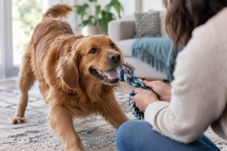 Un chien joueur en interaction affectueuse avec une personne