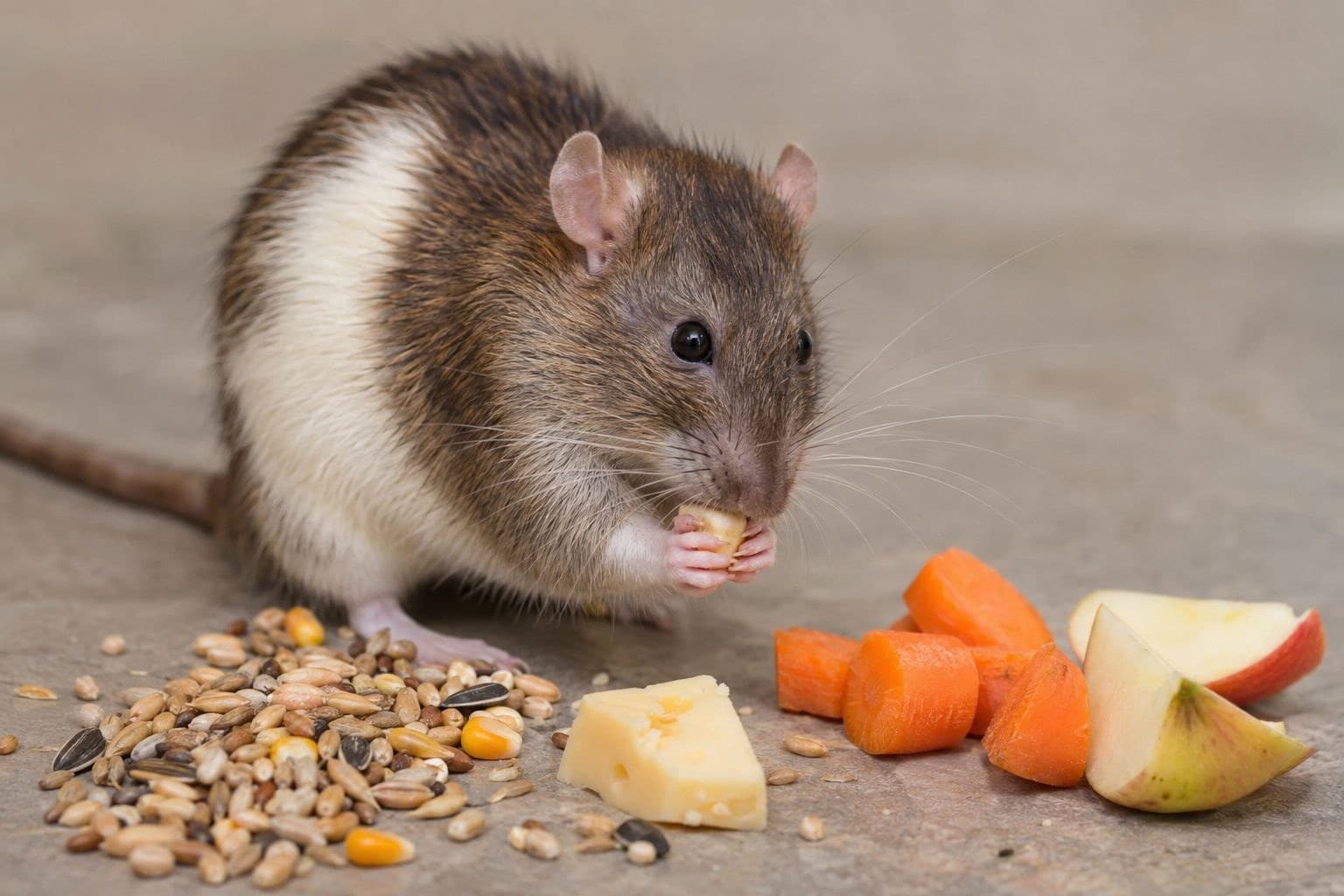Un rat en train de manger des aliments variés (céréales, fromage, fruits et légumes)