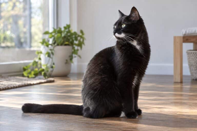 Un chat noir assis de profil dans un intérieur lumineux, montrant sa moustache caractéristique
