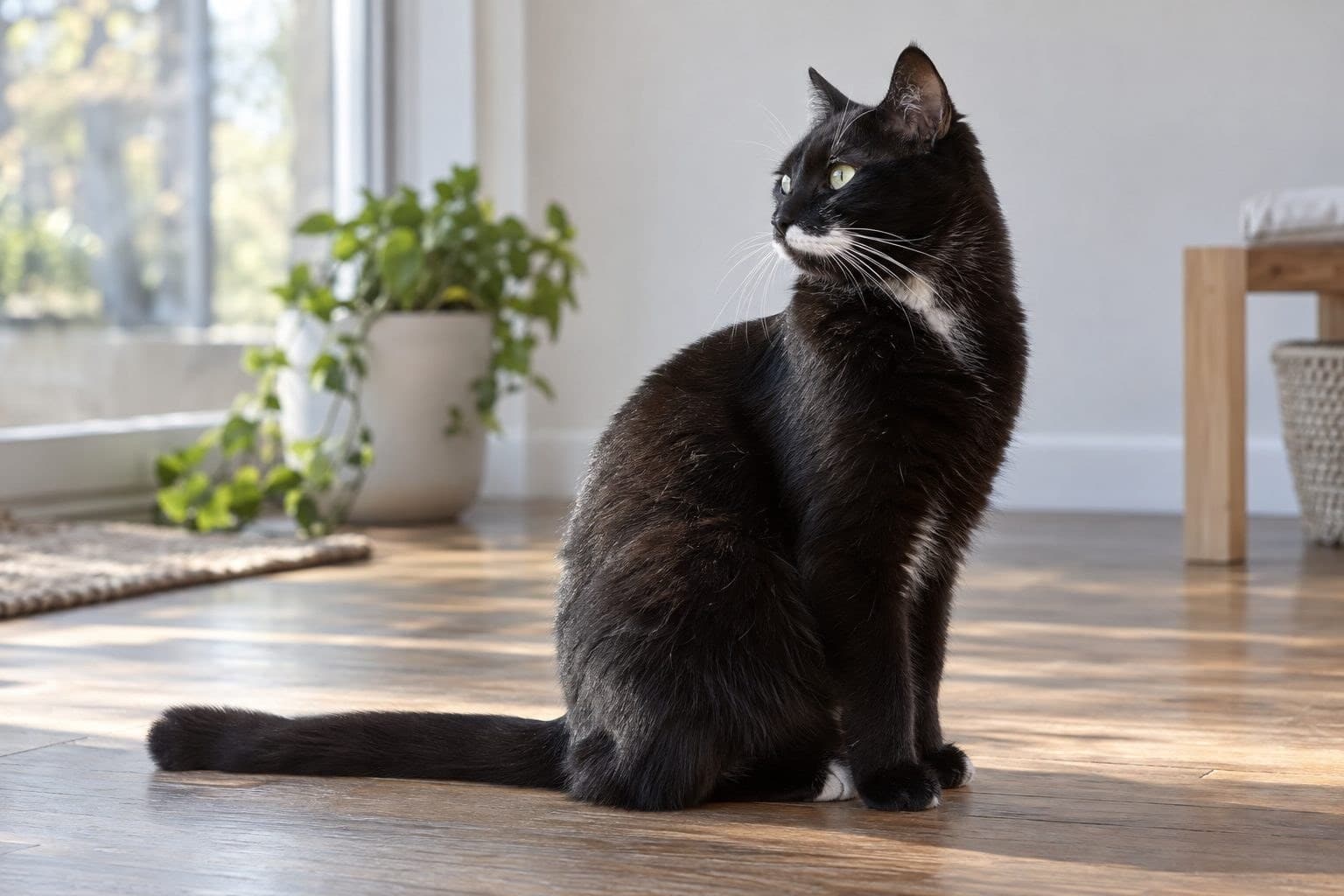 Un chat noir assis de profil dans un intérieur lumineux, montrant sa moustache caractéristique