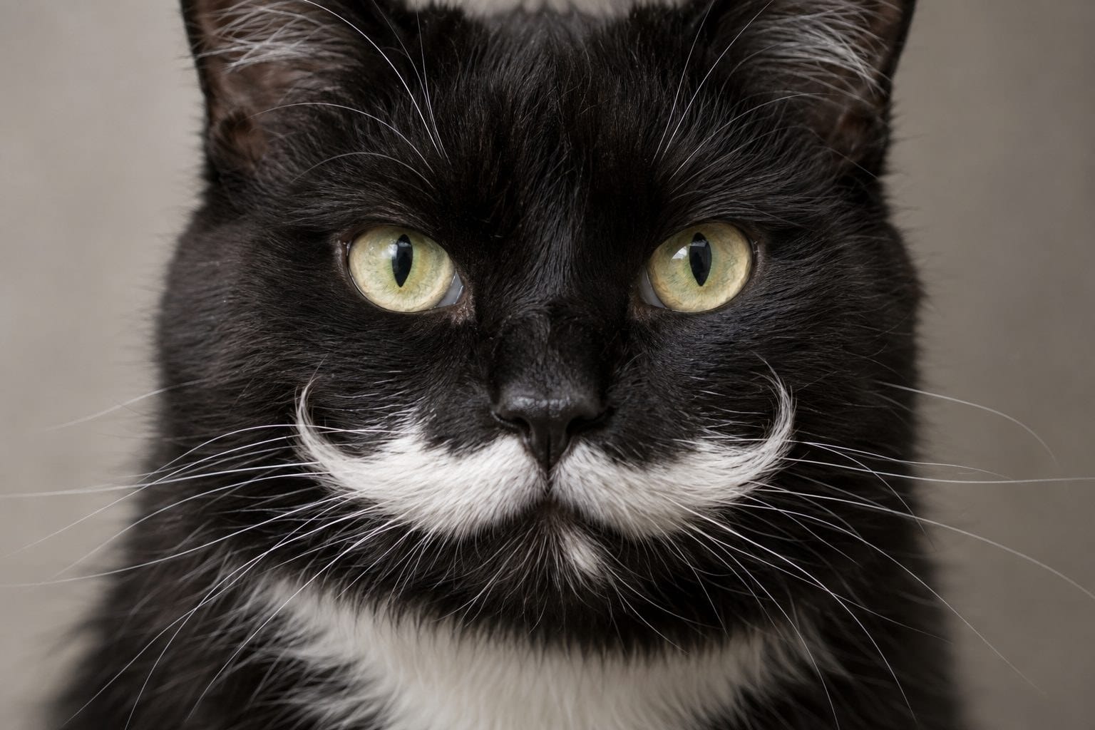 Gros plan du visage d'un chat noir avec une distinctive moustache blanche asymétrique