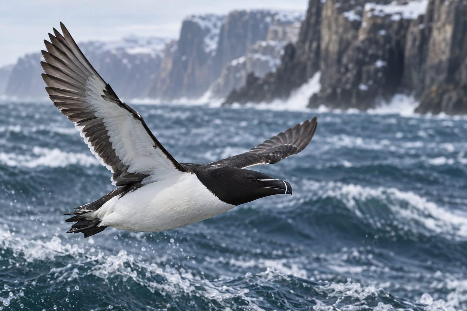 Pingouin en vol au-dessus de l'océan arctique