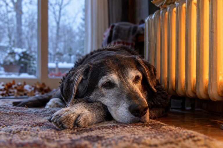 Un vieux chien (Canis lupus familiaris) senior gris et fatigué reposant près d'un radiateur en hiver, entouré d'une atmosphère chaleureuse et mélancolique