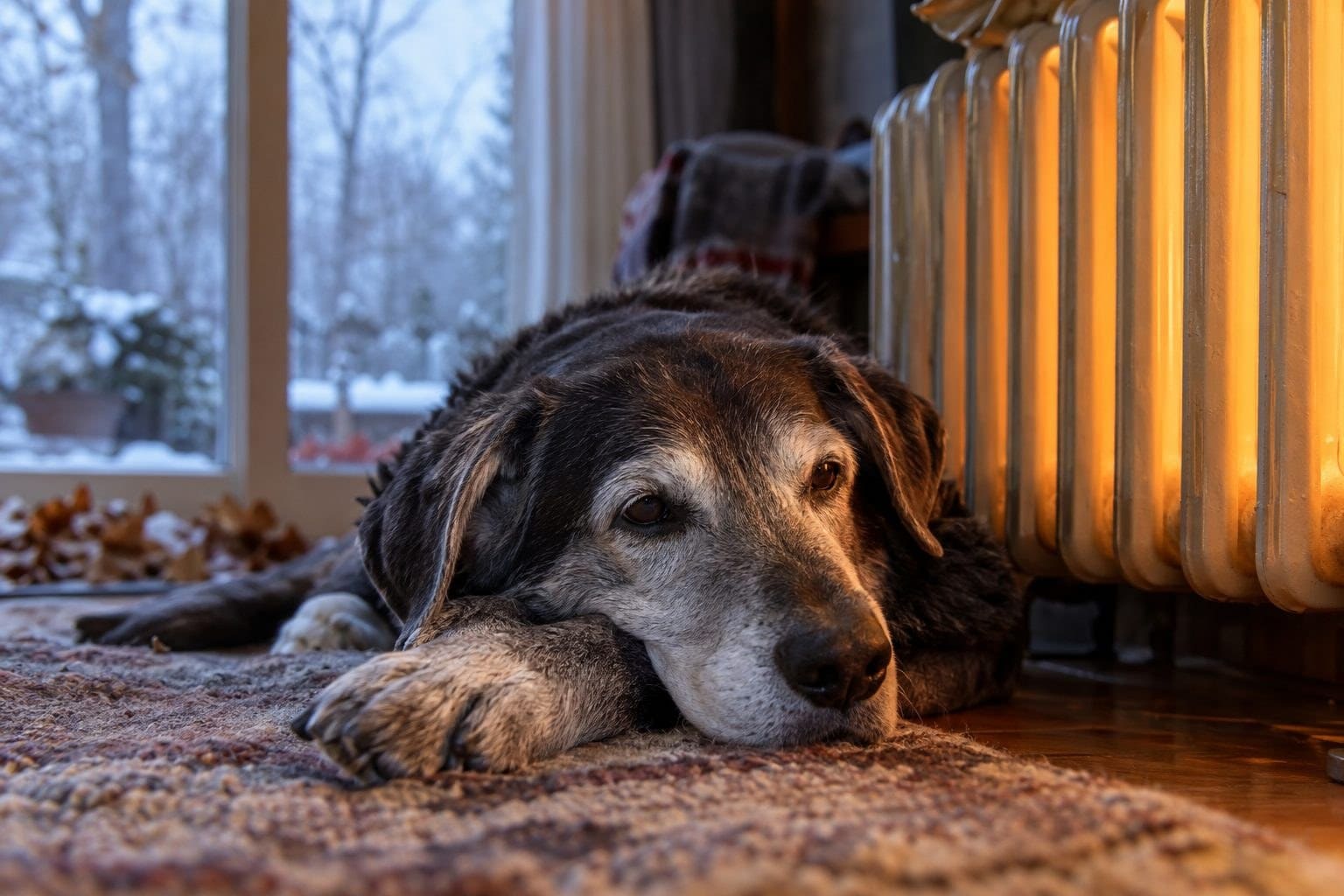 Un vieux chien (Canis lupus familiaris) senior gris et fatigué reposant près d'un radiateur en hiver, entouré d'une atmosphère chaleureuse et mélancolique